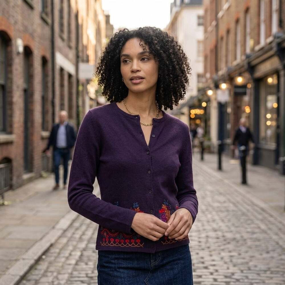 Unbranded Purple Floral Embroidered Button-Front Cardigan Sweater